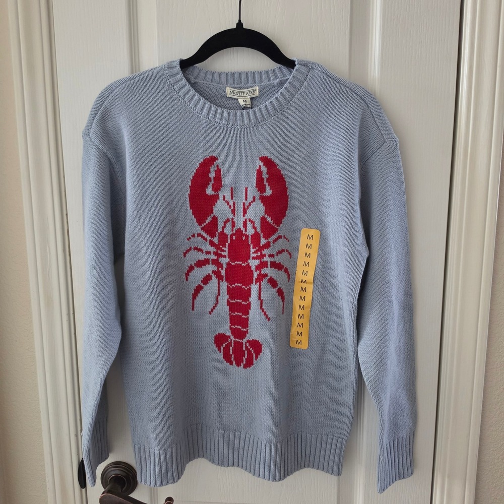 Mighty Fine Lobster Graphic Sweater Light Blue Knit Crewneck Medium
